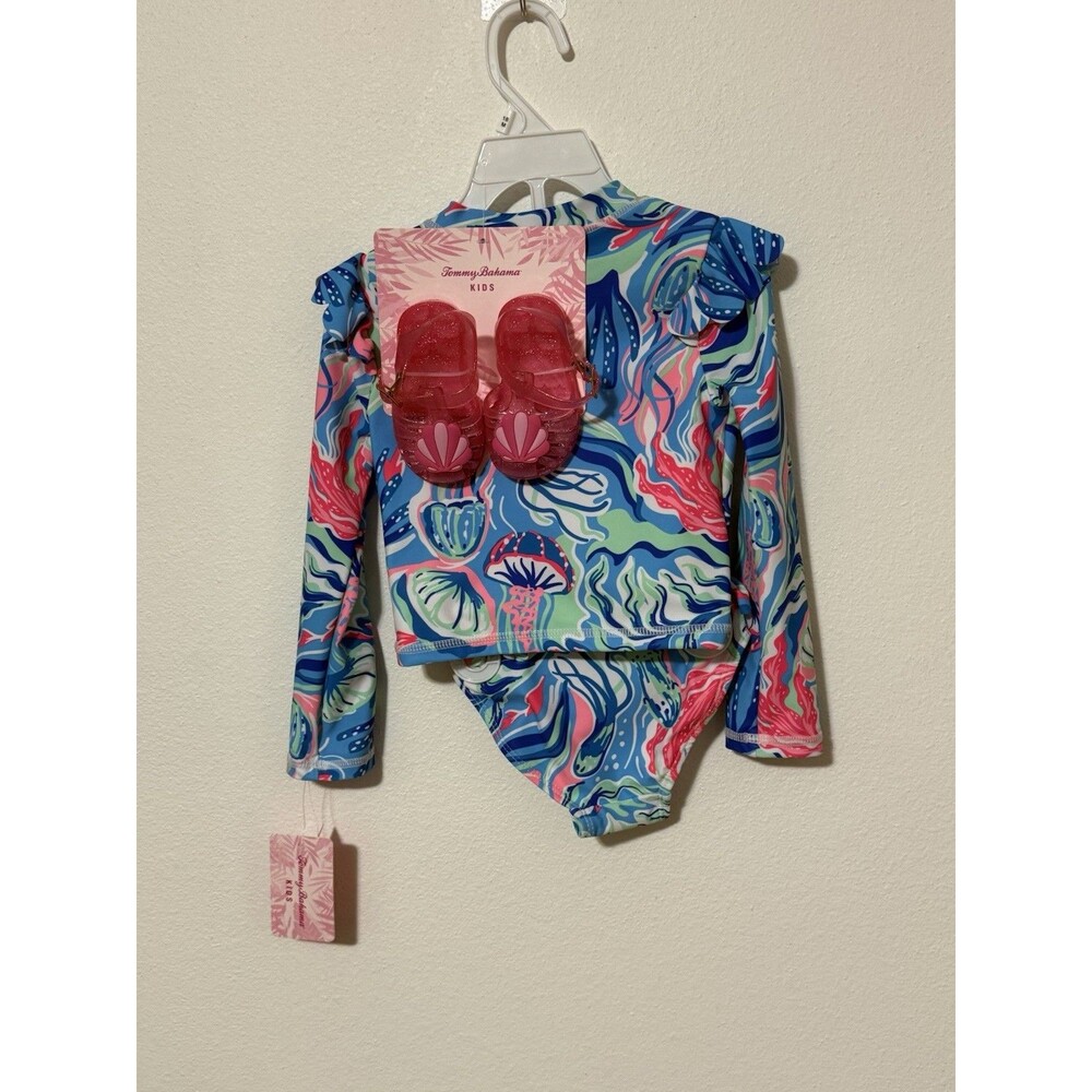 NWT Tommy Bahama Kids 18M Rash Guard Swimsuit Set Pink Jelly Shoes UPF 50+ NWT